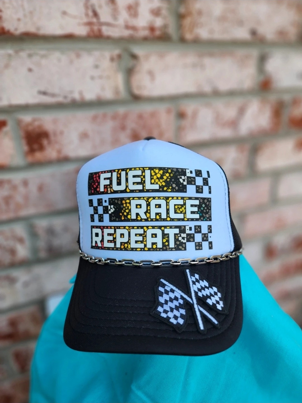 Fuel Race Repeat Trucker Hat - With DTF TransferBlack & White with Racing Flags